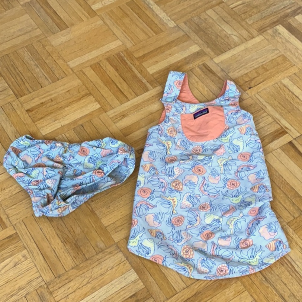 Reversible swim dress and bottom.